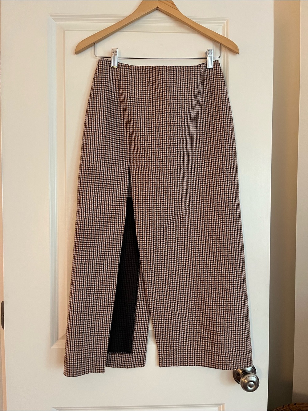 Maje Midi Skirt with Side Slit in Brown Black Cream Houndstooth